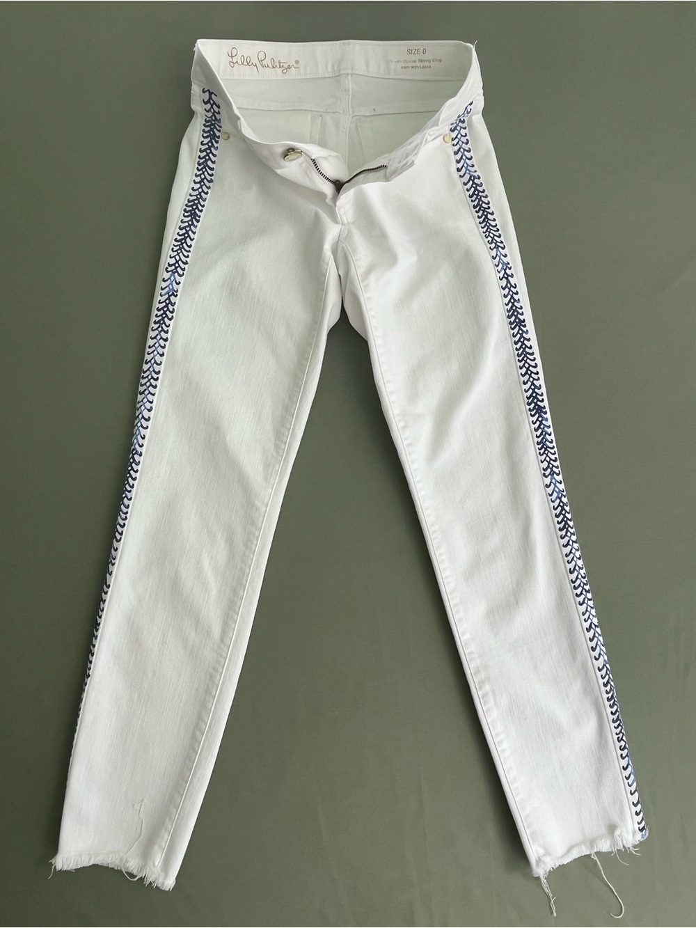 Lilly Pulitzer South Ocean Skinny Crop White Jeans Blue Tuxedo Stripe Size 0